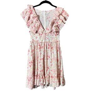 Storia Boutique Pink Coral Floral Ruffle Mini Dress Small Spring Summer Vacation